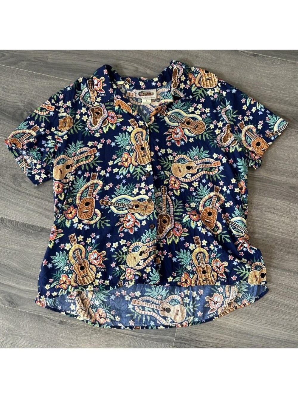 Reyn Spooner Shirt Womens L Multicolor Eddy Y Guitar Hawaiian Aloha Rayon Hawaii